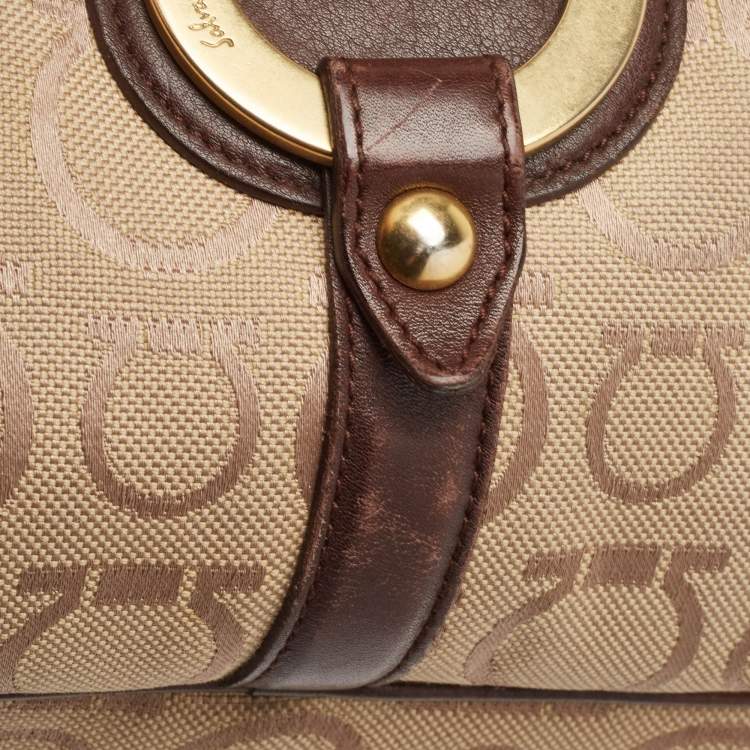 Pre Owned Salvatore Ferragamo Dark Brown/Beige Signature Canvas Satchel