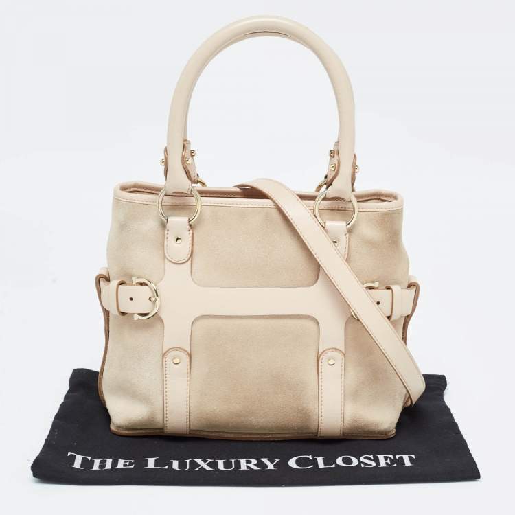 Pre Owned Salvatore Ferragamo Beige Suede and Leather Mini Gancini Tote