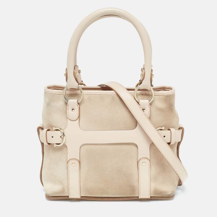 Pre Owned Salvatore Ferragamo Beige Suede and Leather Mini Gancini Tote