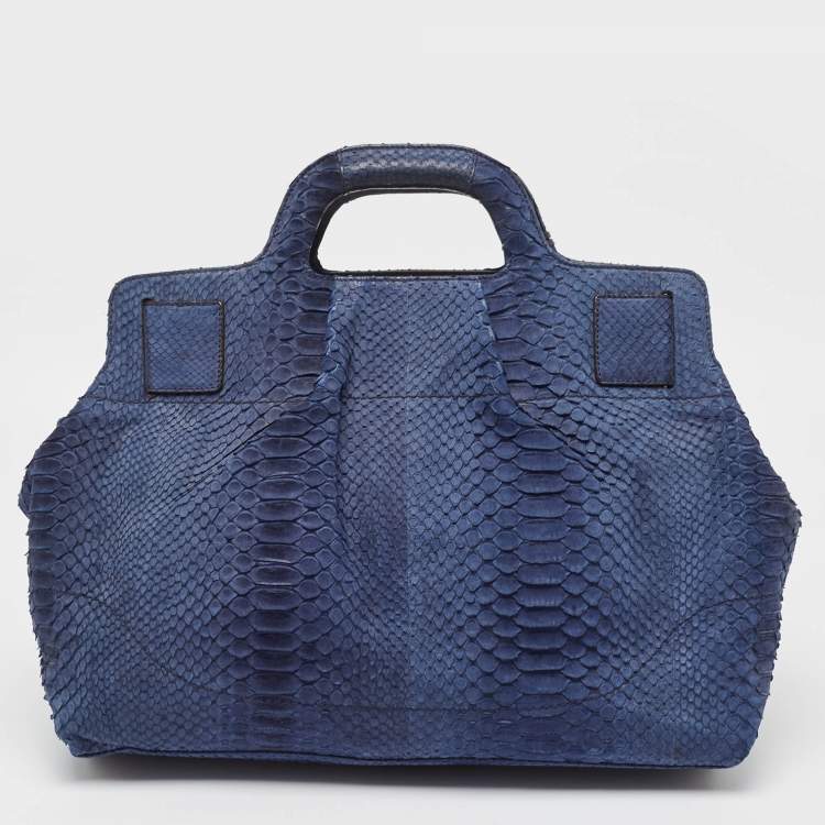 Pre Owned Salvatore Ferragamo Navy Blue Python Gancini Satchel