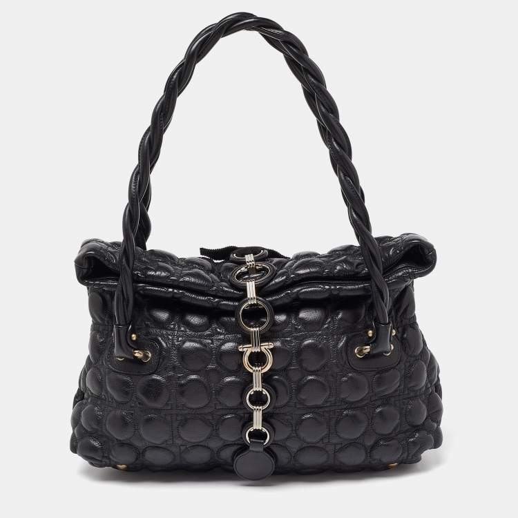 Pre Owned Salvatore Ferragamo Black Leather Fold Over Shoulder Bag