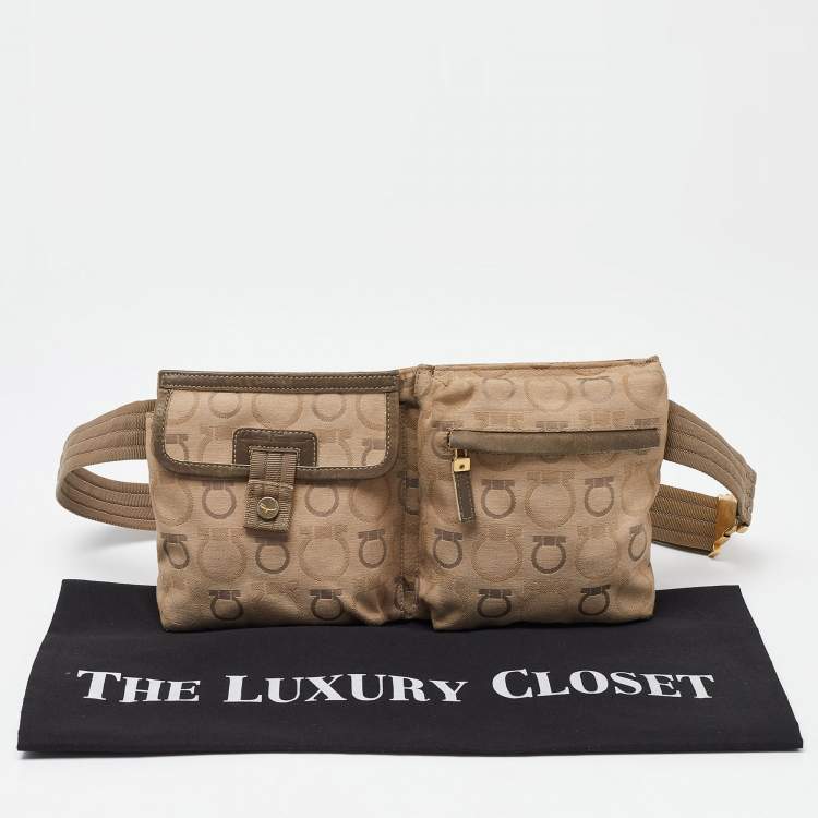 Pre Owned Salvatore Ferragamo Beige Signature Canvas and Leather Fanny Pack Belt Bag