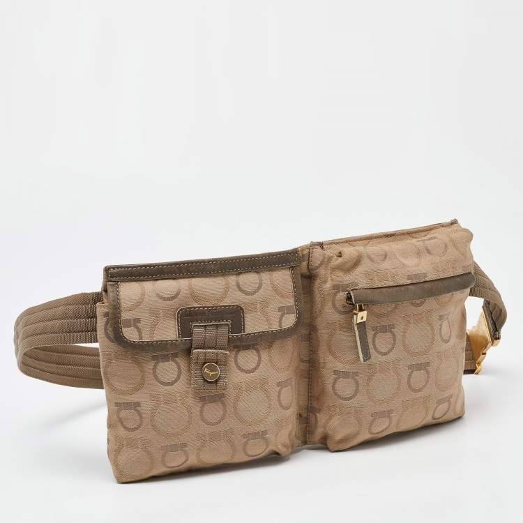 Pre Owned Salvatore Ferragamo Beige Signature Canvas and Leather Fanny Pack Belt Bag
