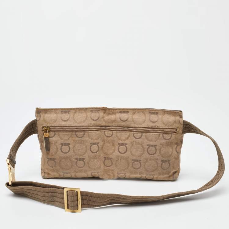 Pre Owned Salvatore Ferragamo Beige Signature Canvas and Leather Fanny Pack Belt Bag
