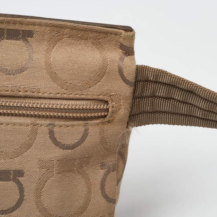 Pre Owned Salvatore Ferragamo Beige Signature Canvas and Leather Fanny Pack Belt Bag