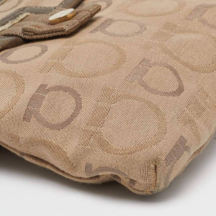 Pre Owned Salvatore Ferragamo Beige Signature Canvas and Leather Fanny Pack Belt Bag