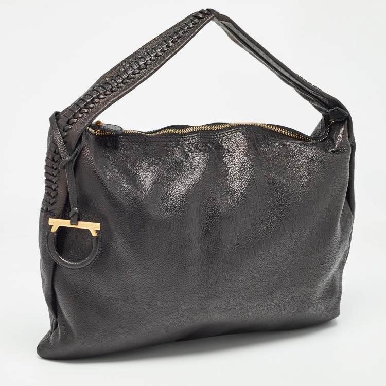 Pre Owned Salvatore Ferragamo Black Leather Stitch Handle Hobo