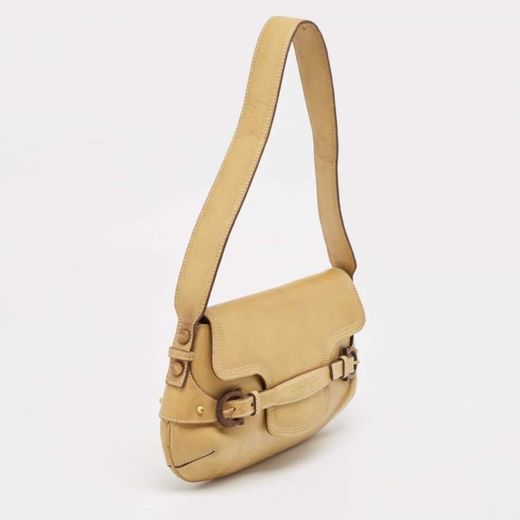 Pre Owned Salvatore Ferragamo Tan Leather Gancini Buckle Flap Hobo