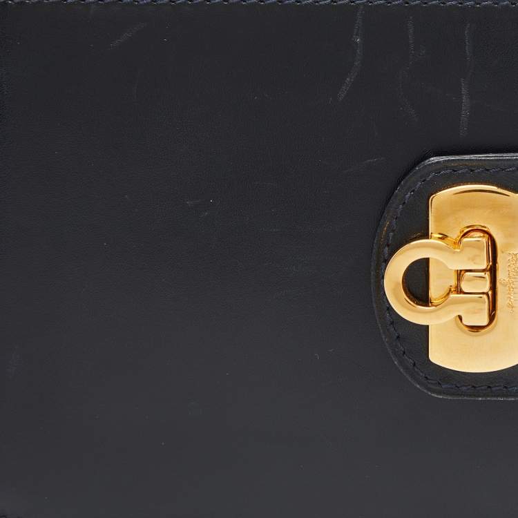 مملوكة مسبقًا Salvatore Ferragamo Dark Blue Leather Gancini Flap Compact Wallet