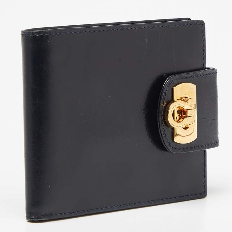مملوكة مسبقًا Salvatore Ferragamo Dark Blue Leather Gancini Flap Compact Wallet