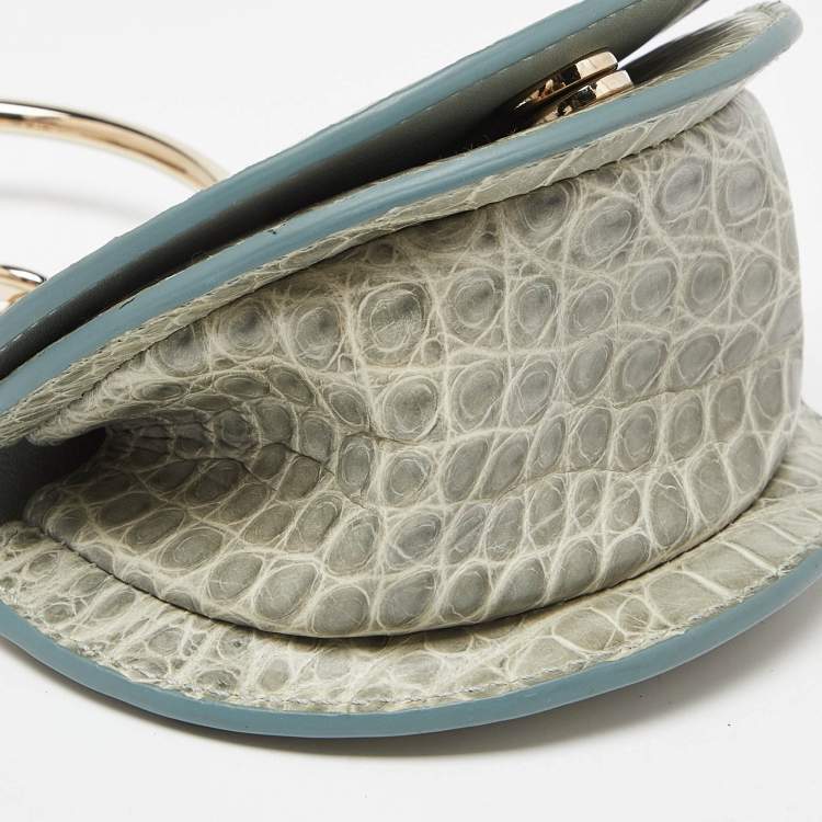 Pre Owned Salvatore Ferragamo Green Croc Embossed Leather Mini Ring Daphne Wristlet Purse