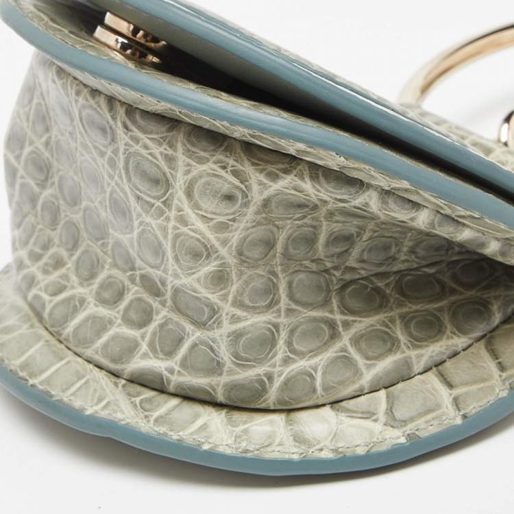 Pre Owned Salvatore Ferragamo Green Croc Embossed Leather Mini Ring Daphne Wristlet Purse