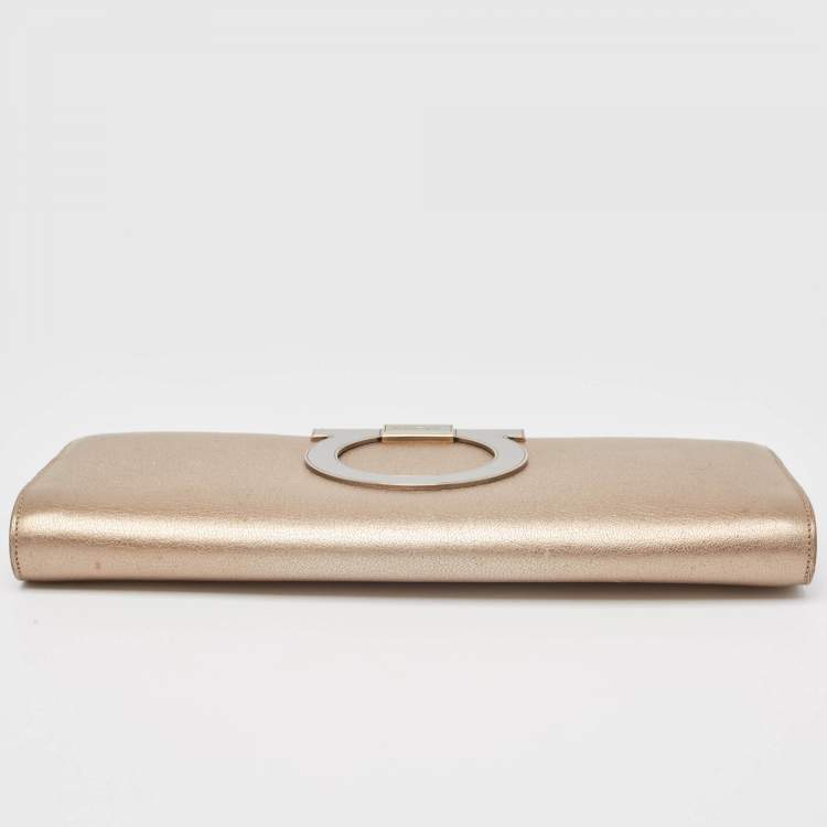 Pre Owned Salvatore Ferragamo Metallic Beige Leather Musa Gancini Clutch
