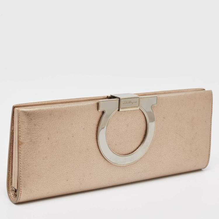 Pre Owned Salvatore Ferragamo Metallic Beige Leather Musa Gancini Clutch