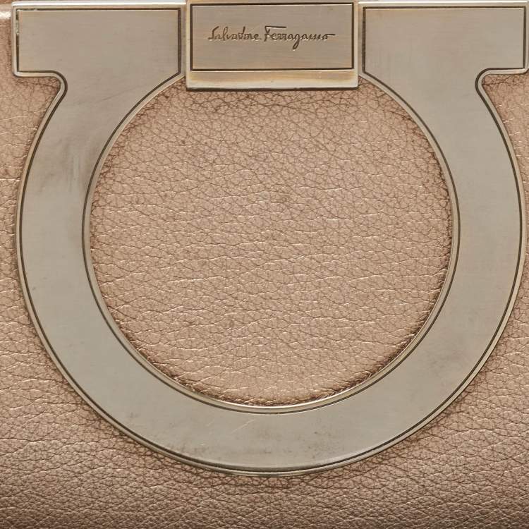 Pre Owned Salvatore Ferragamo Metallic Beige Leather Musa Gancini Clutch