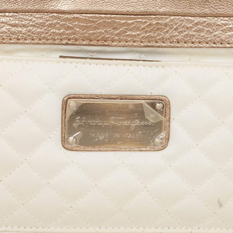 Pre Owned Salvatore Ferragamo Metallic Beige Leather Musa Gancini Clutch