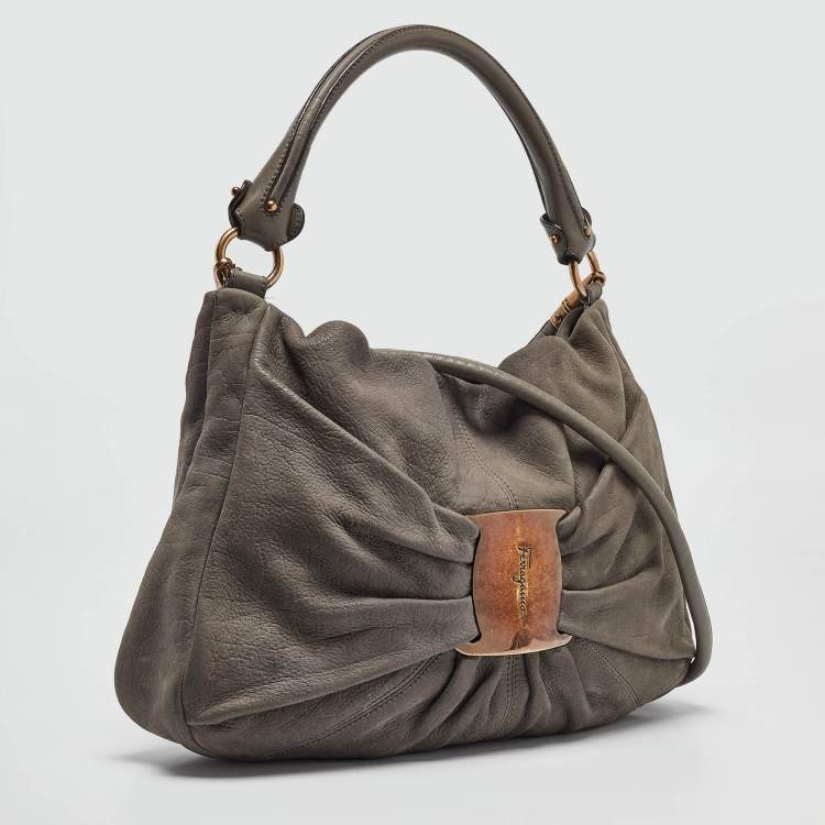 Pre Owned Salvatore Ferragamo Grey Leather Miss Vara Hobo