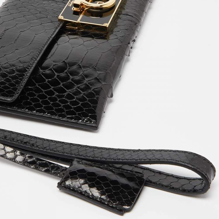 Pre Owned Salvatore Ferragamo Black Python Afef Gancio Wristlet Clutch