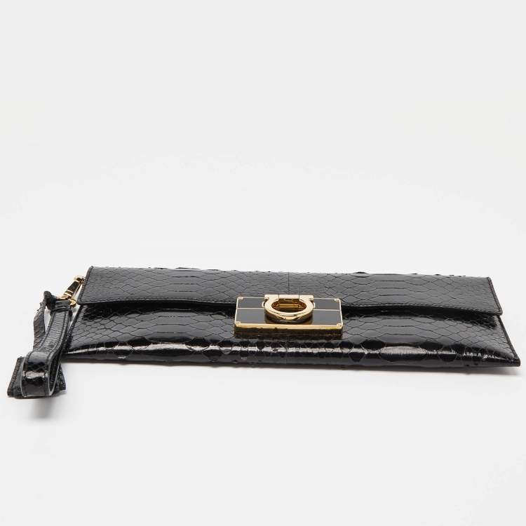 Pre Owned Salvatore Ferragamo Black Python Afef Gancio Wristlet Clutch