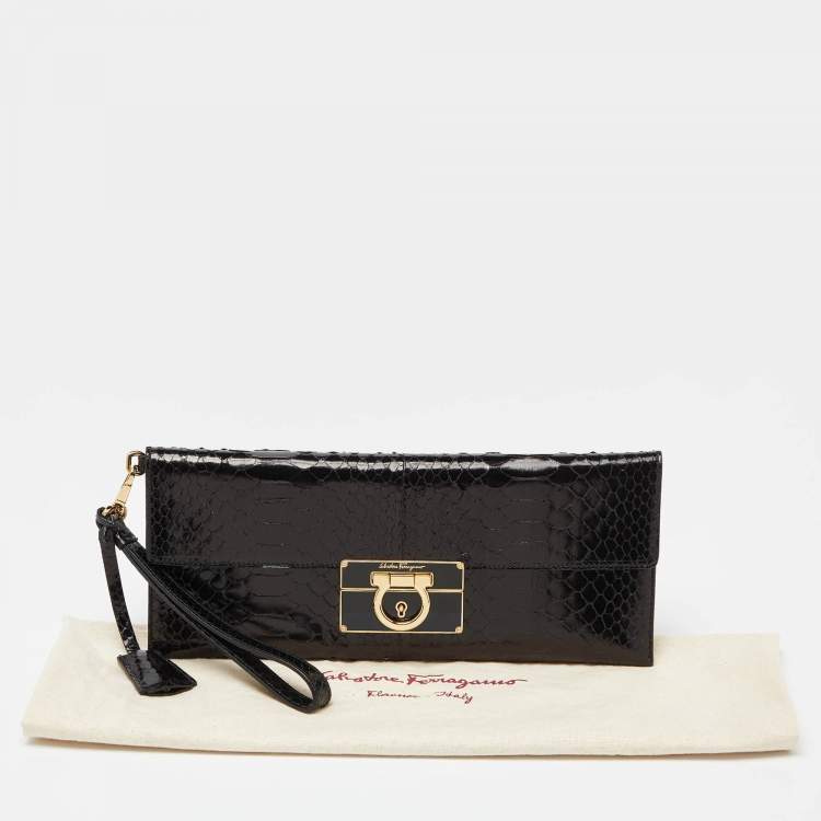 Pre Owned Salvatore Ferragamo Black Python Afef Gancio Wristlet Clutch