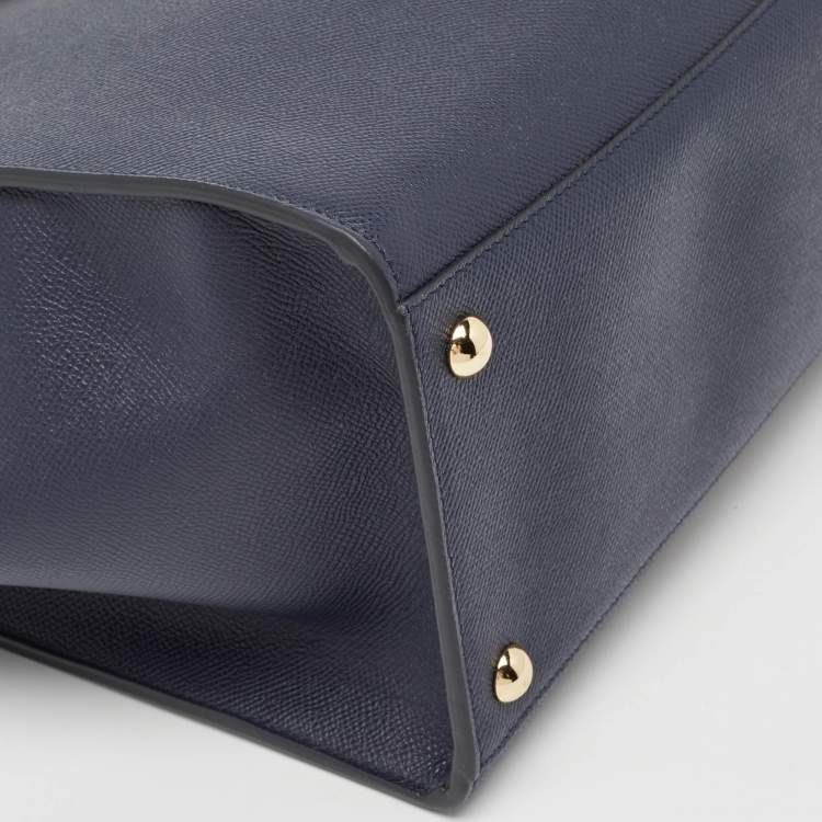 Pre Owned Salvatore Ferragamo Navy Blue Leather Gemini Tote