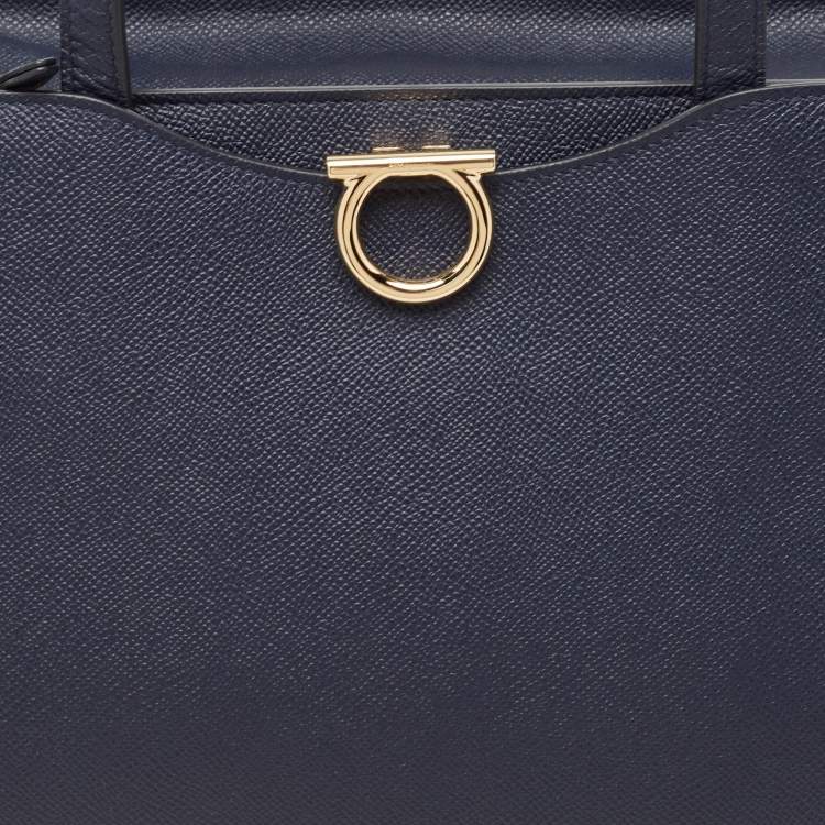 Pre Owned Salvatore Ferragamo Navy Blue Leather Gemini Tote