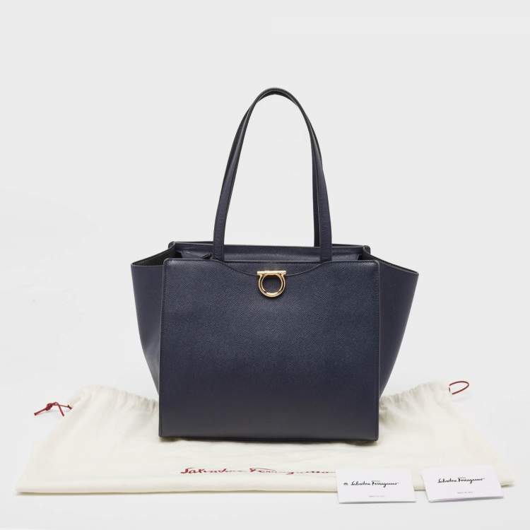 Pre Owned Salvatore Ferragamo Navy Blue Leather Gemini Tote