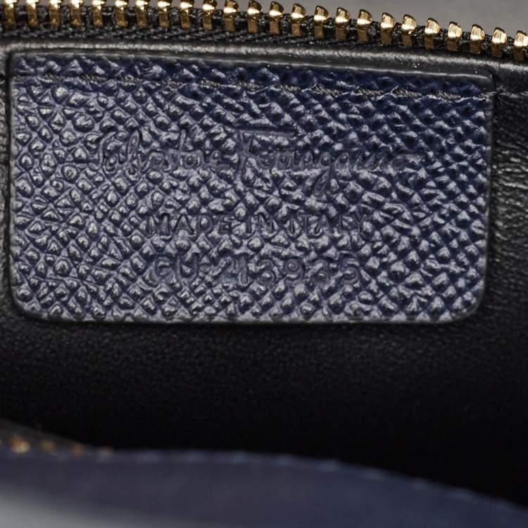 Pre Owned Salvatore Ferragamo Navy Blue Leather Gemini Tote