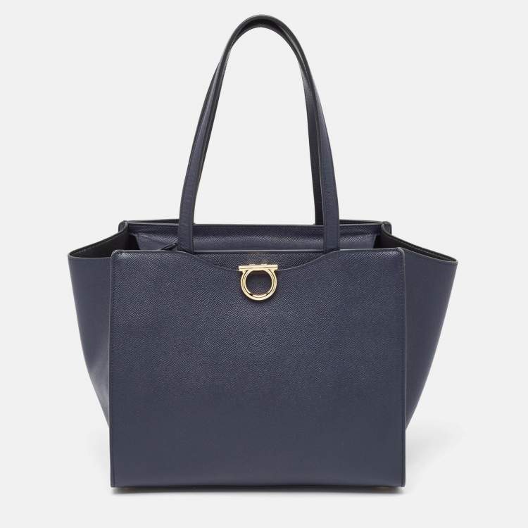 Pre Owned Salvatore Ferragamo Navy Blue Leather Gemini Tote