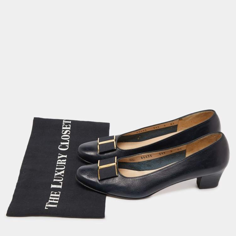 Pre Owned Salvatore Ferragamo Blue Leather Block Heel Pumps Size 38.5