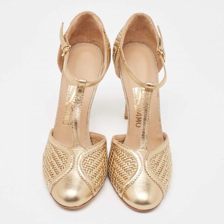 Pre Owned Salvatore Ferragamo Gold Woven Leather Emanuela Pumps Size 38