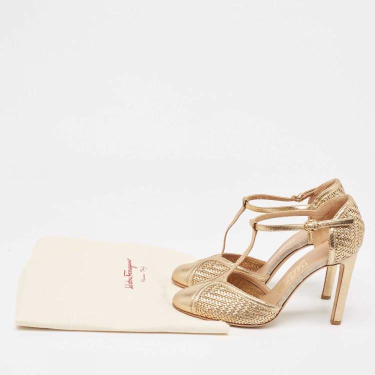 Pre Owned Salvatore Ferragamo Gold Woven Leather Emanuela Pumps Size 38