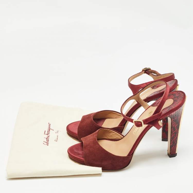 Pre Owned Salvatore Ferragamo Burgundy Suede and Python Leather Ankle Strap Sandals Size 38.5