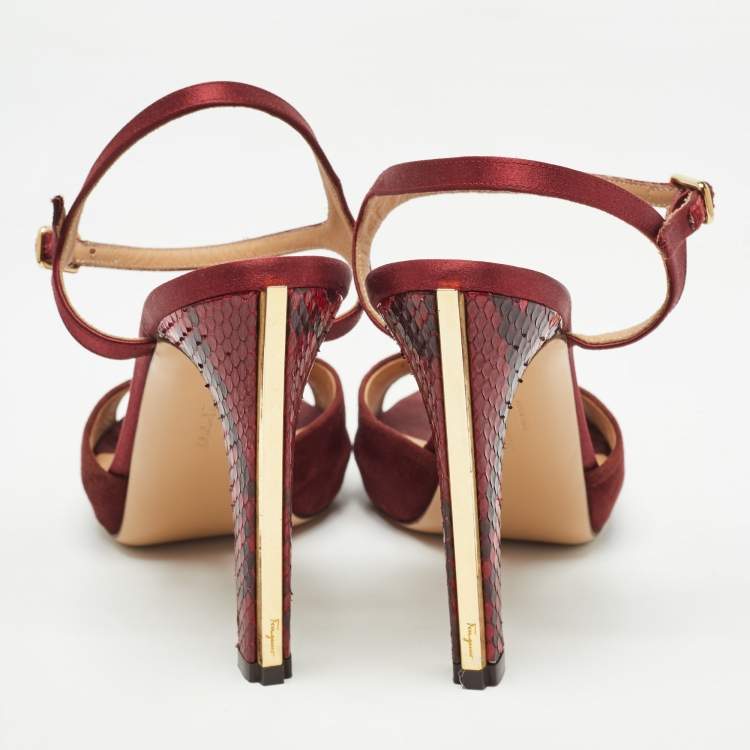 Pre Owned Salvatore Ferragamo Burgundy Suede and Python Leather Ankle Strap Sandals Size 38.5