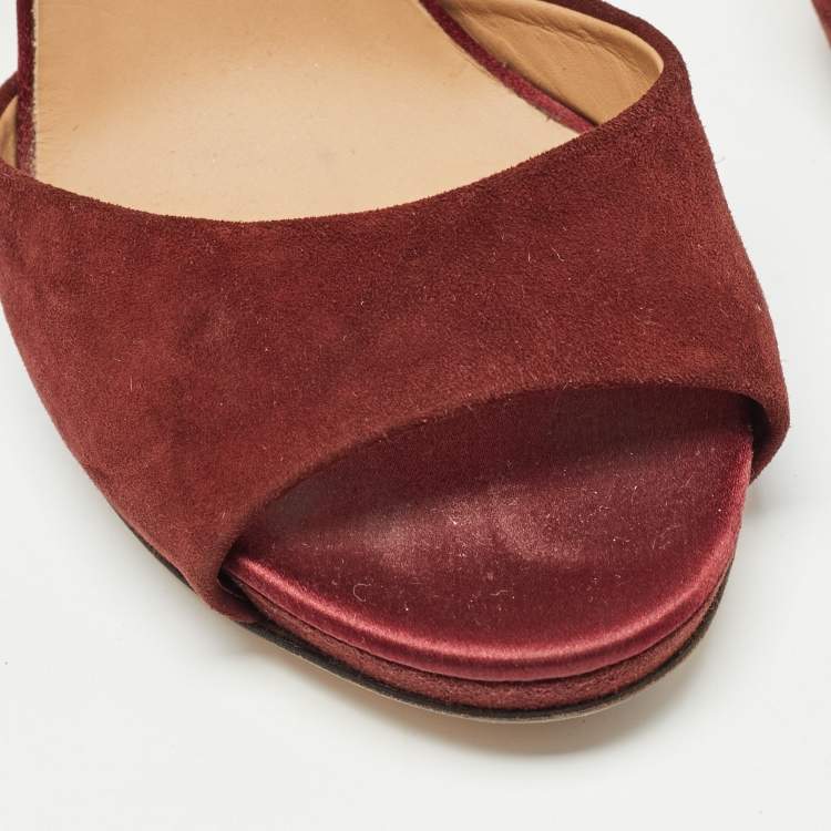 Pre Owned Salvatore Ferragamo Burgundy Suede and Python Leather Ankle Strap Sandals Size 38.5