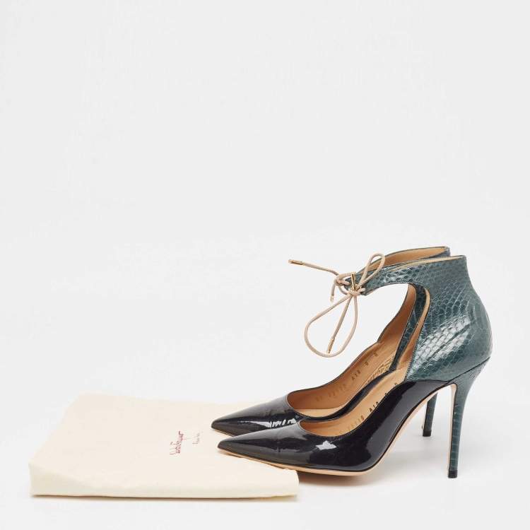 Pre Owned Salvatore Ferragamo Black/Green Patent Leather and Snakeskin Lace Up Pumps Size 38.5
