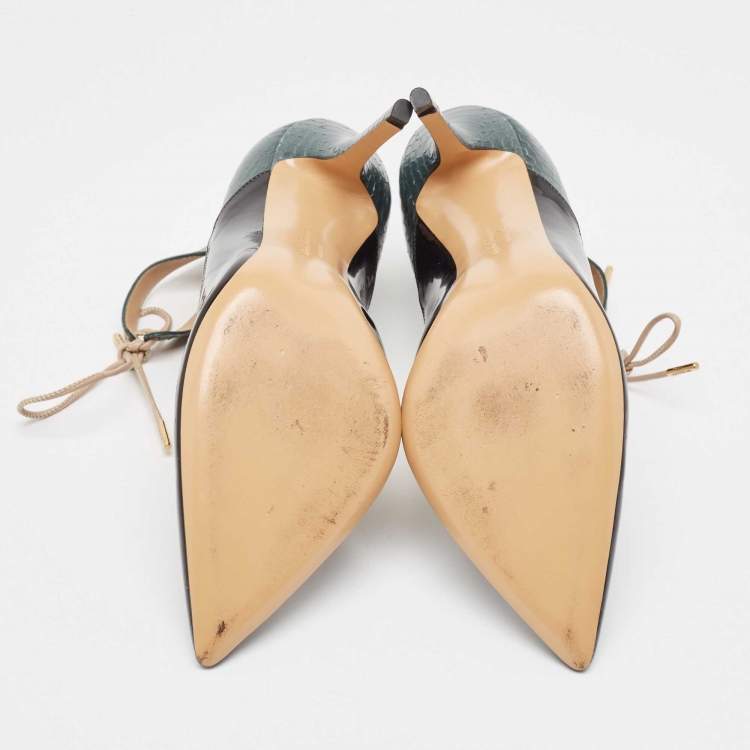 Pre Owned Salvatore Ferragamo Black/Green Patent Leather and Snakeskin Lace Up Pumps Size 38.5