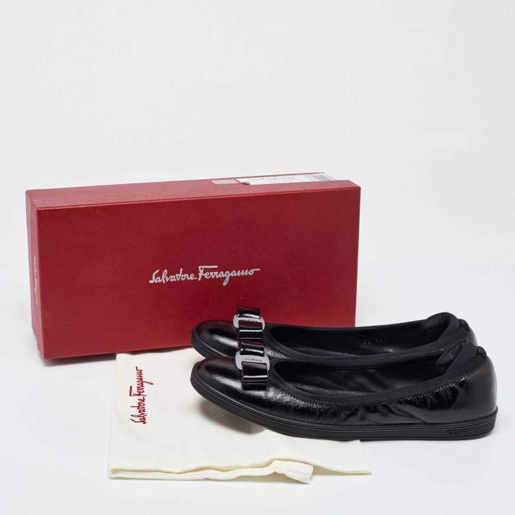 Pre Owned Salvatore Ferragamo Black Patent Leather Vara Bow Ballet Flats Size 39