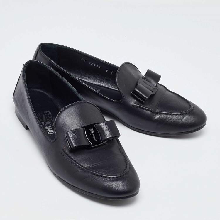 Pre Owned Salvatore Ferragamo Black Leather Bow Smoking Slippers Size 38.5