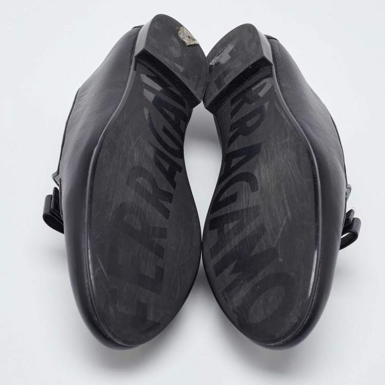 Pre Owned Salvatore Ferragamo Black Leather Bow Smoking Slippers Size 38.5