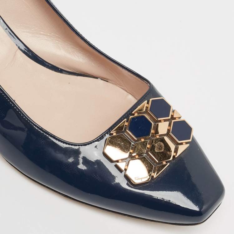 Pre Owned Salvatore Ferragamo Blue Patent Leather Block Pumps Size 40.5