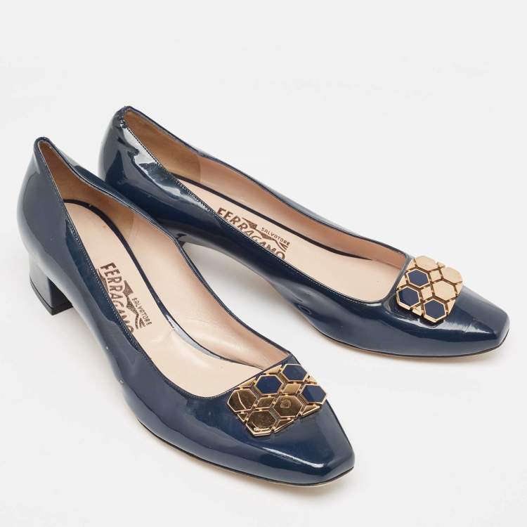 Pre Owned Salvatore Ferragamo Blue Patent Leather Block Pumps Size 40.5