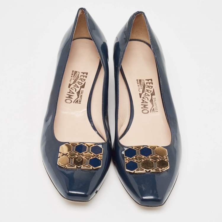 Pre Owned Salvatore Ferragamo Blue Patent Leather Block Pumps Size 40.5