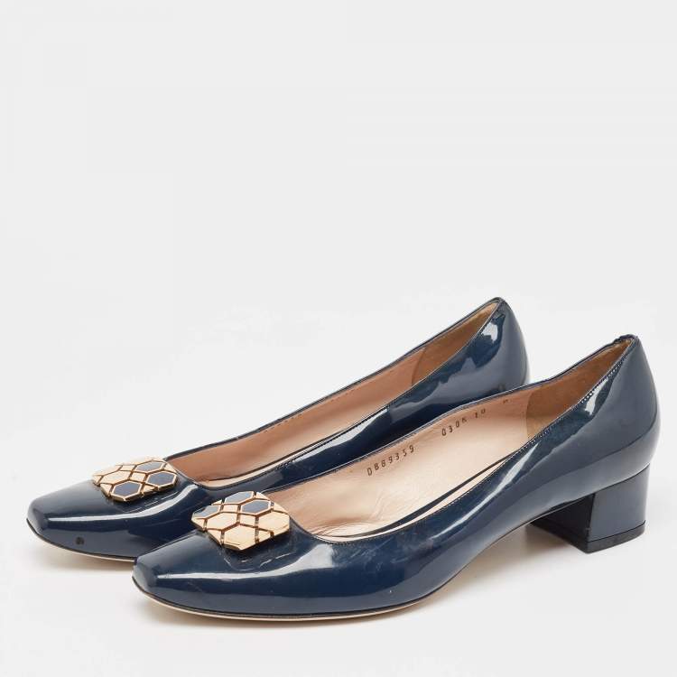 Pre Owned Salvatore Ferragamo Blue Patent Leather Block Pumps Size 40.5