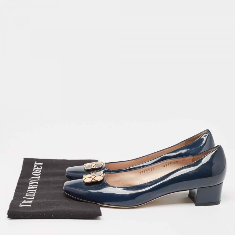 Pre Owned Salvatore Ferragamo Blue Patent Leather Block Pumps Size 40.5