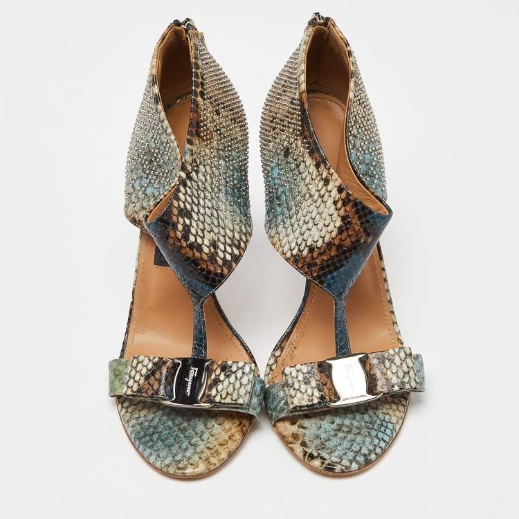 Pre Owned Salvatore Ferragamo Multicolor Python Embossed Leather Bow T Strap Sandals Size 38