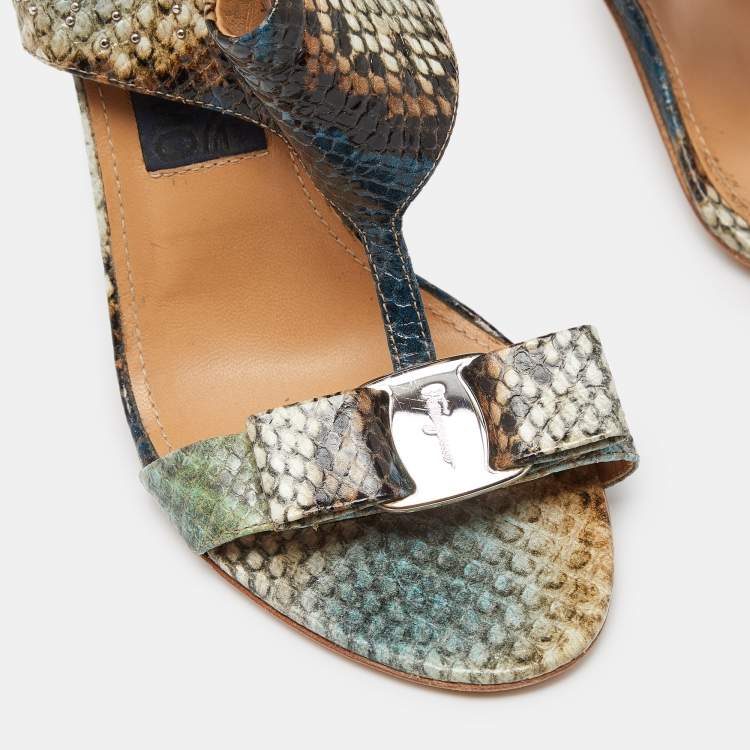 Pre Owned Salvatore Ferragamo Multicolor Python Embossed Leather Bow T Strap Sandals Size 38