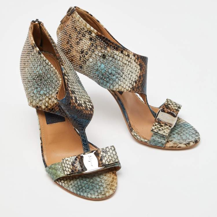 Pre Owned Salvatore Ferragamo Multicolor Python Embossed Leather Bow T Strap Sandals Size 38
