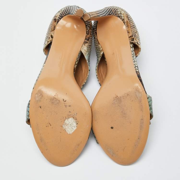 Pre Owned Salvatore Ferragamo Multicolor Python Embossed Leather Bow T Strap Sandals Size 38