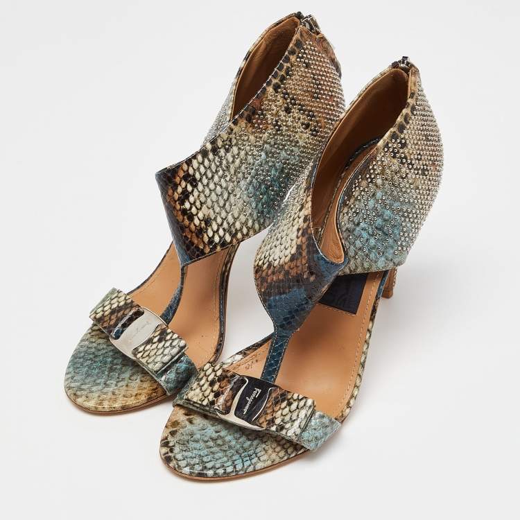 Pre Owned Salvatore Ferragamo Multicolor Python Embossed Leather Bow T Strap Sandals Size 38